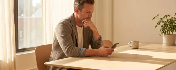 Un professionnel de 40 ans consulte un simulateur de mutuelle santé sur son téléphone, assis à une table lumineuse