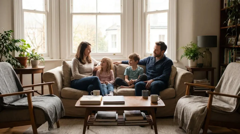 Une famille en discussion autour de leurs besoins en optique et dentaire pour choisir leur mutuelle Une famille en discussion autour de leurs besoins en optique et dentaire pour choisir leur mutuelle
