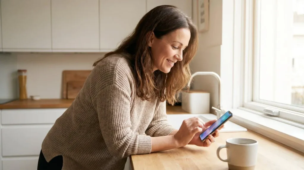 Une femme consulte son application de mutuelle sur smartphone pour vérifier ses remboursements santé Une femme consulte son application de mutuelle sur smartphone pour vérifier ses remboursements santé